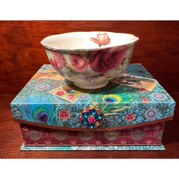 Vintage Gracie China Rose Pattern Bowl In Beautiful Peacock Pattern Gift Box - Picture 2 of 8